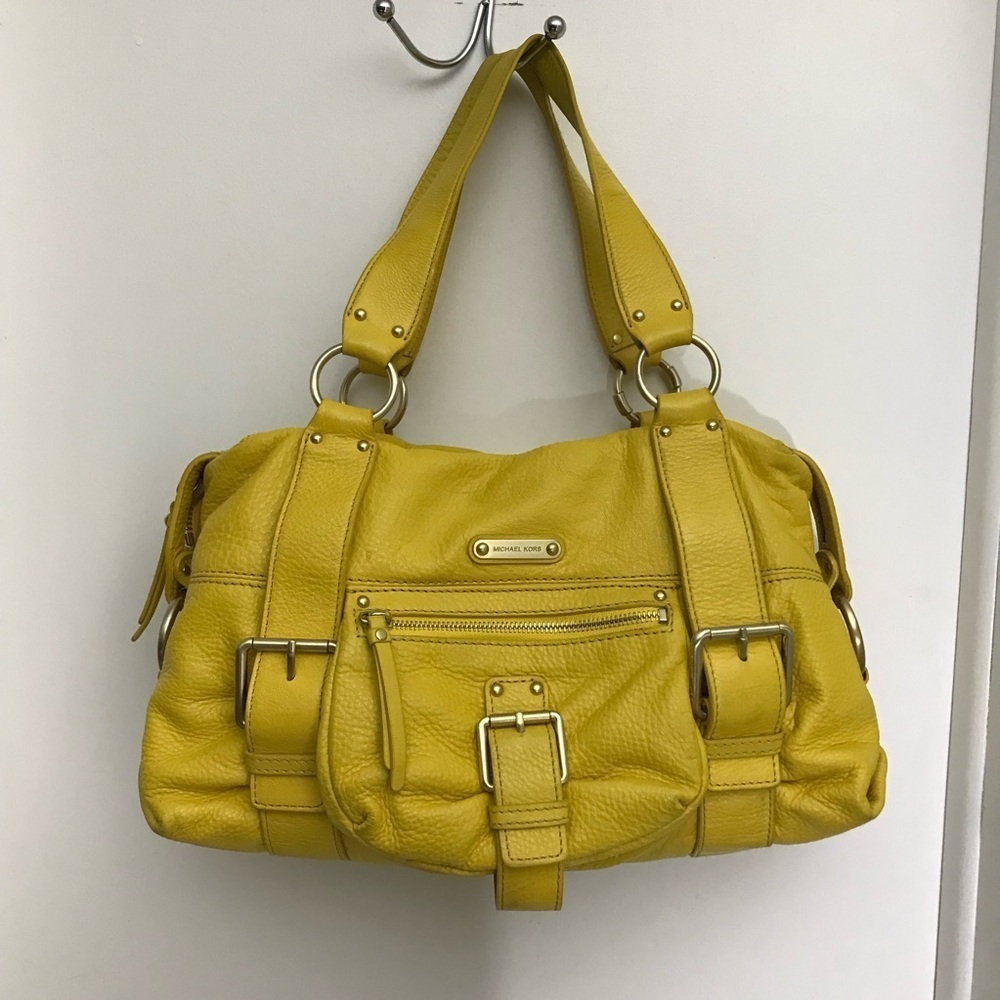 Michael Kors Yellow Leather Outer Pockets Double Handle Satchel Purse Bag